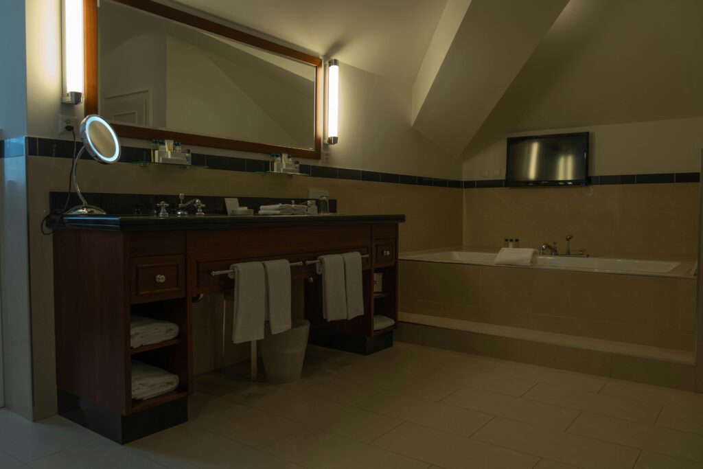 AI Fall Detection in Senior Living a not well lit bathroom that could lead to a fall