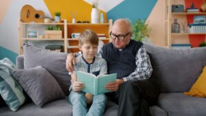 enior parent adult child living room